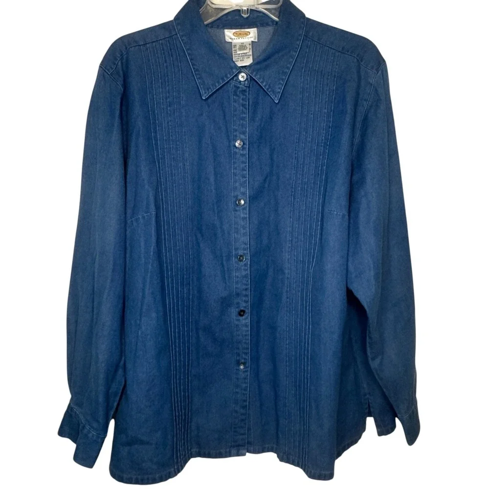 Talbots Chambray Pintuck Button Down Shirt Womens Petite 2X Blue Denim Plus Size - Picture 1 of 12